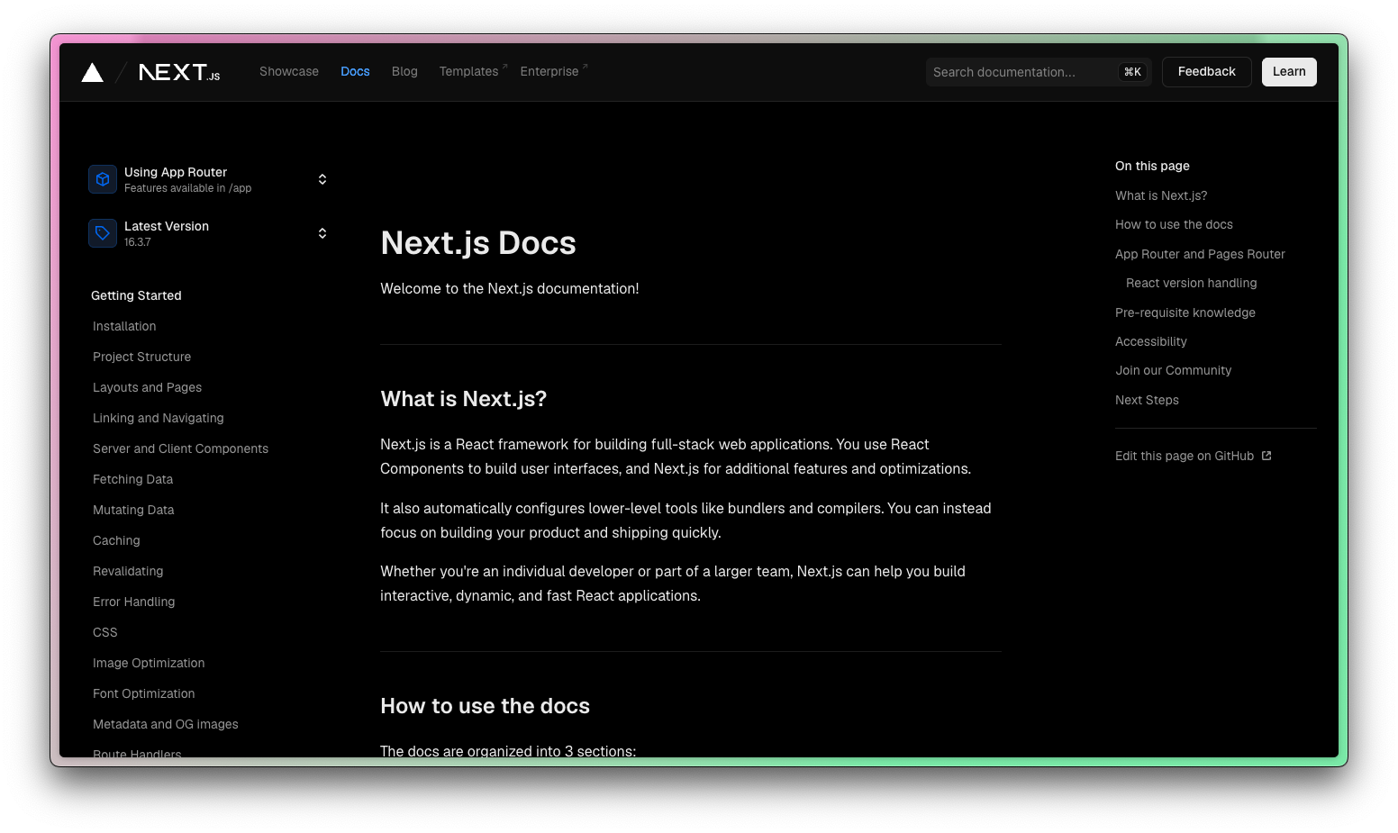 Next.js 文档站截图，正文标题是“What is Next.js”