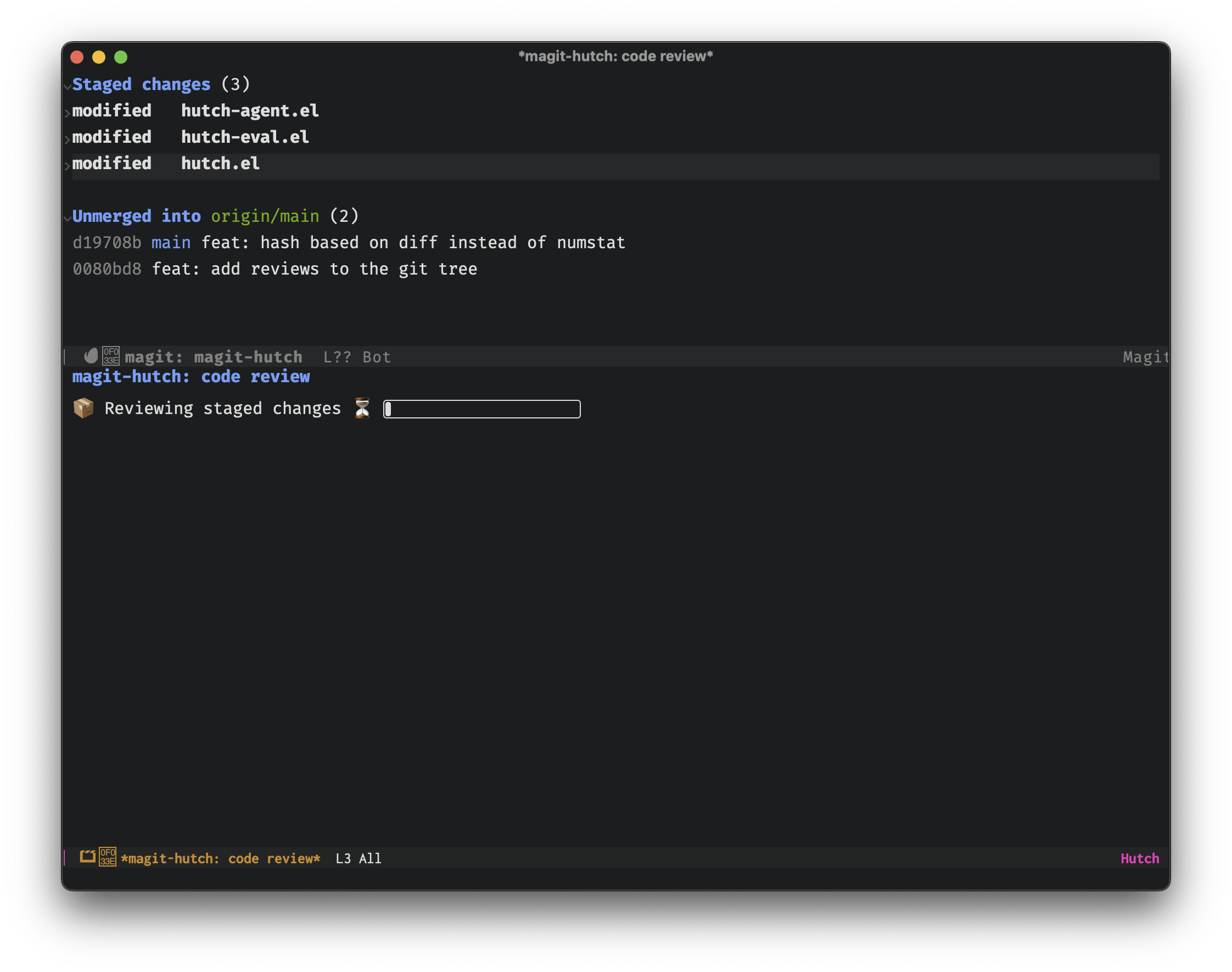 hutch 的 Emacs 界面截图，左侧是补丁列表、右侧是 diff 与评审批注