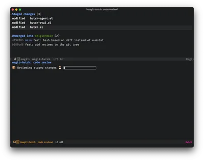 hutch 的 Emacs 界面截图，左侧是补丁列表、右侧是 diff 与评审批注