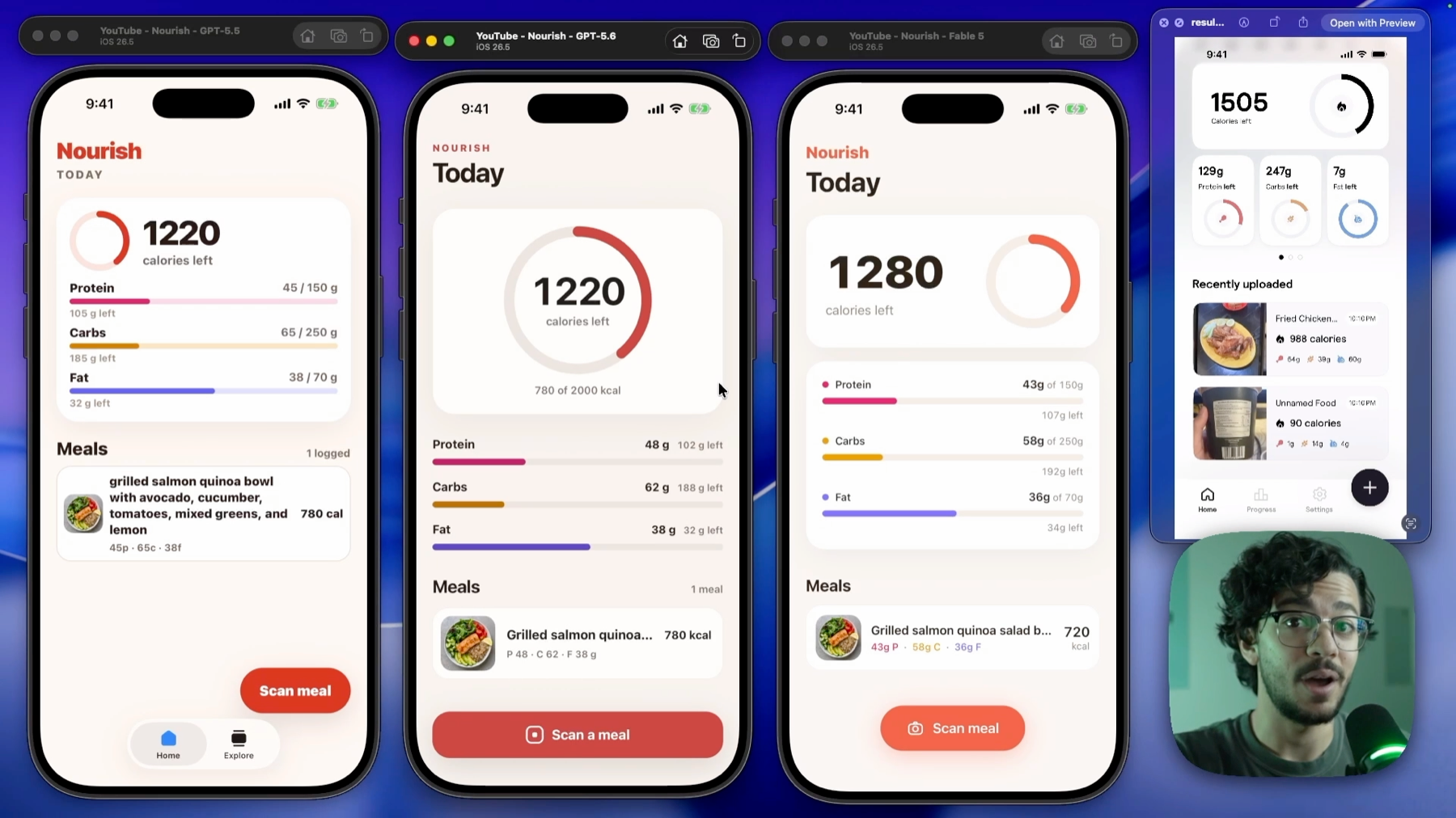 GPT-5.5、GPT-5.6 Sol 和 Fable 5 做出来的 AI 卡路里记录应用并排跑在 iPhone 模拟器上