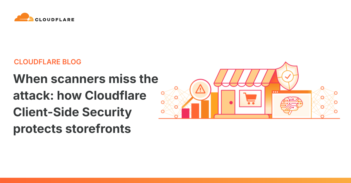 Cloudflare 博客题图：橙色线条画的店铺插画，左侧是放大镜与告警三角、柱状图，右侧是浏览器窗口里的电路板大脑，两旁是网络节点连线
