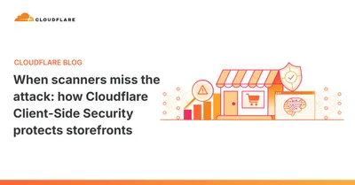 Cloudflare 博客题图:橙色线条画的店铺插画,左侧是放大镜与告警三角、柱状图,右侧是浏览器窗口里的电路板大脑,两旁是网络节点连线