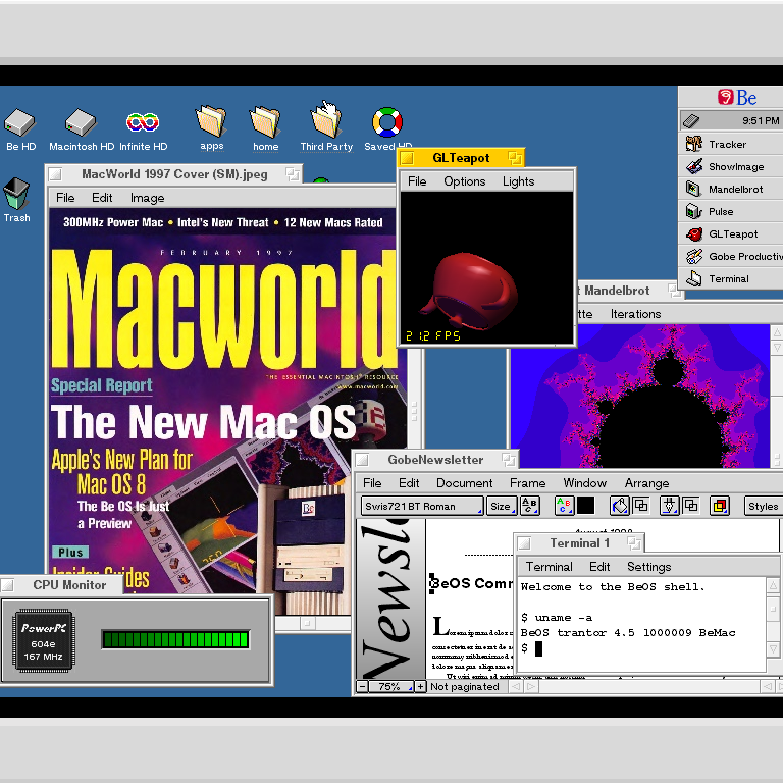 BeOS R5 的桌面,右侧 Deskbar 列出 Tracker、ShowImage、Mandelbrot、Gobe Productive 等程序,窗口里是 Macworld 1997 年 2 月号封面(标题写着 The New Mac OS)、GL Teapot 演示、Mandelbrot 分形,终端里显示 uname -a 的输出 BeOS trantor 4.5