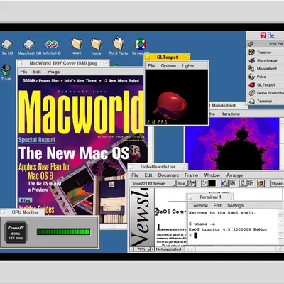 BeOS R5 的桌面，右侧 Deskbar 列出 Tracker、ShowImage、Mandelbrot、Gobe Productive 等程序，窗口里是 Macworld 1997 年 2 月号封面（标题写着 The New Mac OS）、GL Teapot 演示、Mandelbrot 分形，终端里显示 uname -a 的输出 BeOS trantor 4.5