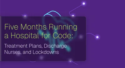 紫色背景的社交卡片，绿色标题写着 Five Months Running a Hospital for Code，下面一行是 Treatment Plans, Discharge Nurses, and Lockdowns，背景是半透明的分子结构线条