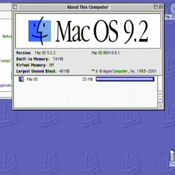 Mac OS 9.2.2 的「关于本机」窗口，版本号 9.2.2、内存 74 MB、虚拟内存关，跑在一台任天堂 Wii 上