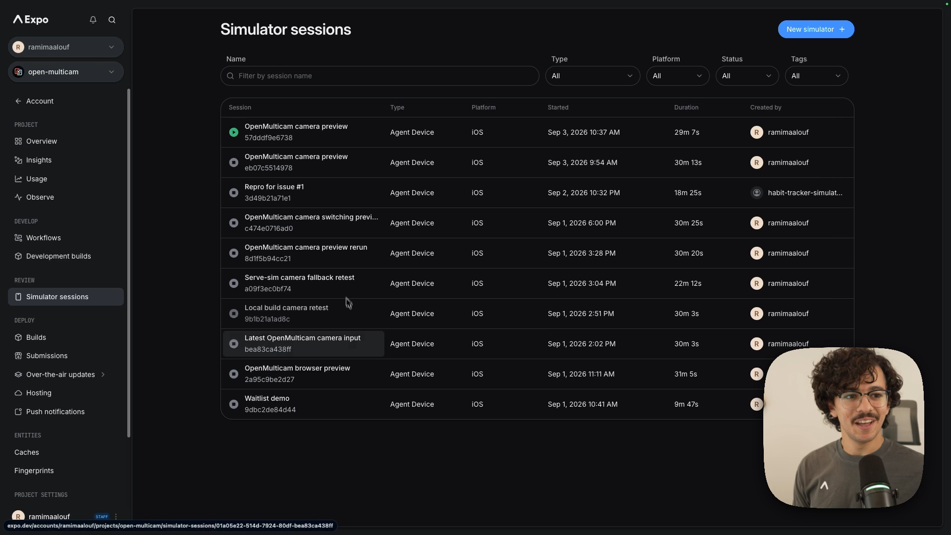expo.dev 上的 Simulator sessions 页面，列出了 open-multicam 项目的十个 session，包含名称、类型、平台、开始时间和时长