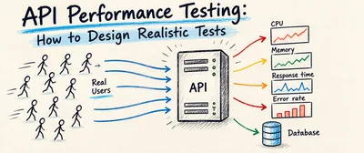 手绘风格的示意图:标题「API Performance Testing: How to Design Realistic Tests」,左侧一群火柴人标着 Real Users,蓝色箭头汇入中间写着 API 的服务器方块,方块右侧伸箭头指向 CPU、Memory、Response time、Error rate 四个小图表,下方另有一条箭头指向一个 Database 圆柱