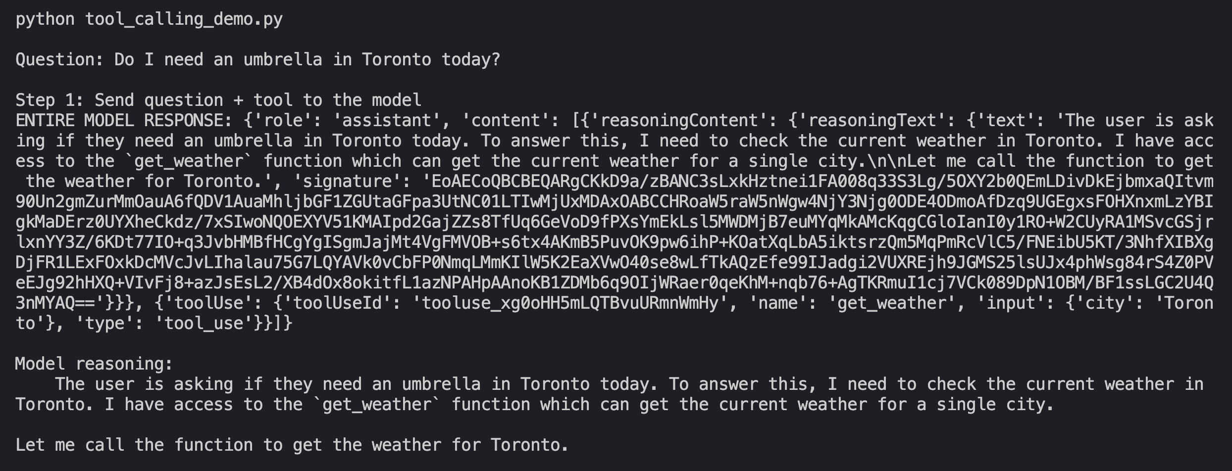终端运行演示,问题为 "Do I need an umbrella in Toronto today?"。模型返回 get_weather 的 tool_use 请求,输入城市为 Toronto,其推理说明它需要查询多伦多当前的天气