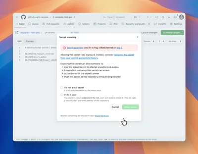 GitHub 界面截图:编辑 uh-oh.env 时弹出 Secret scanning 面板,红框提示「Secret scanning used AI to flag a likely secret on line 5」,下面列着泄露这条密钥的风险,底部是 Cancel 与 Allow Secret 两个按钮