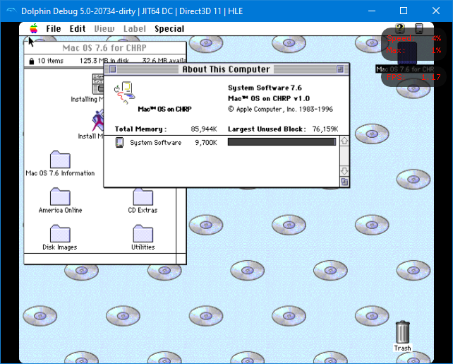 Mac OS 7.6 在修改过的 Dolphin 构建中运行，“关于本机”显示总内存为 85,944K。