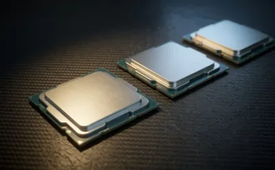 三颗 AMD Ryzen 处理器排成一排,由近及远