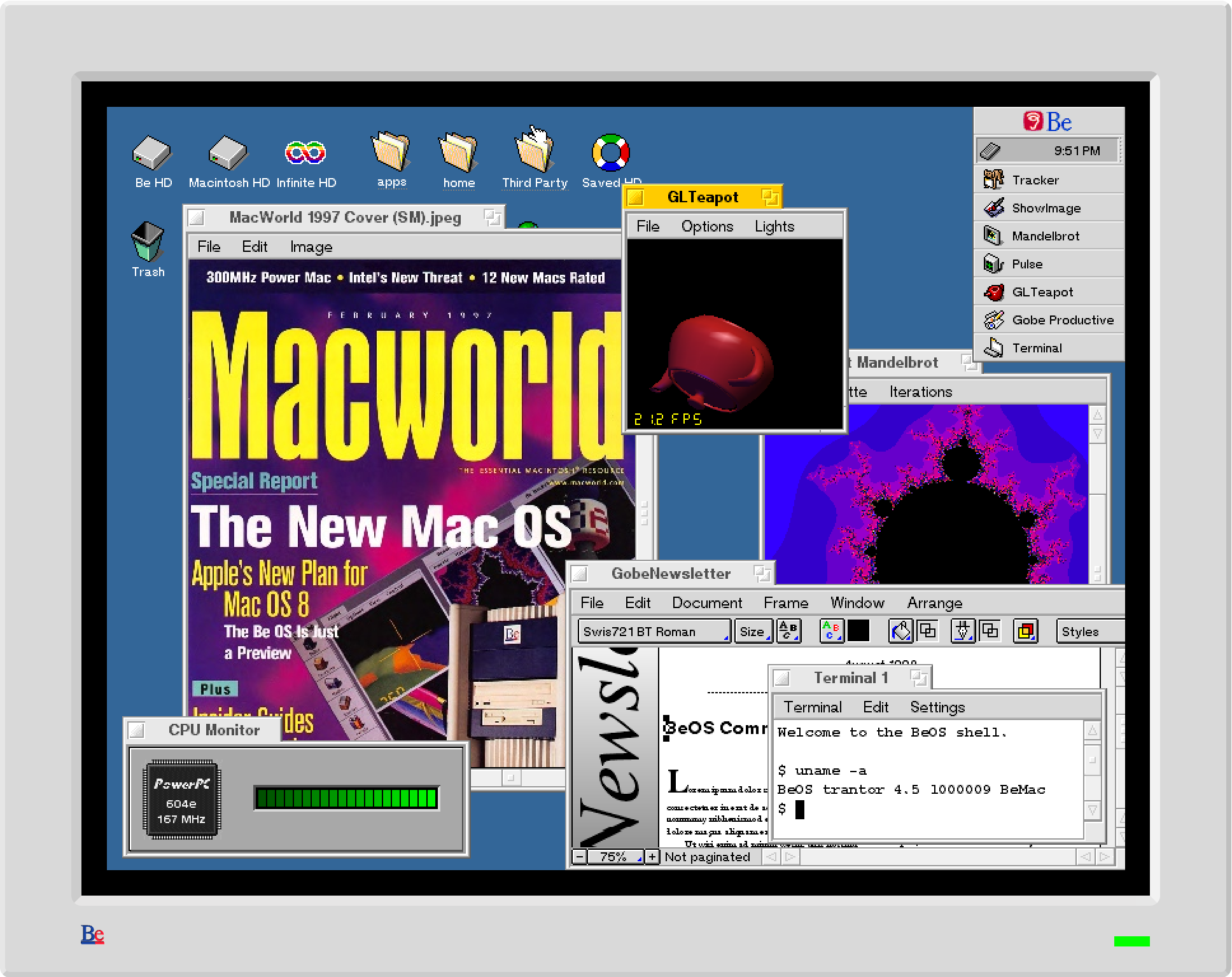 BeOS R5 在 Infinite Mac 中运行,显示 GL Teapot、Mandelbrot、Gobe Productive、终端、图像查看器和 CPU 监视器。