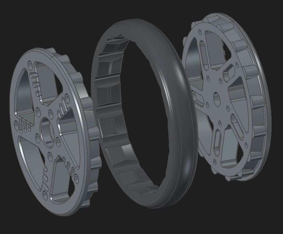轮子三个打印件的 CAD 爆炸图：两个带辐条的 ASA 轮半，中间夹着内侧带齿的 TPU 轮胎环。