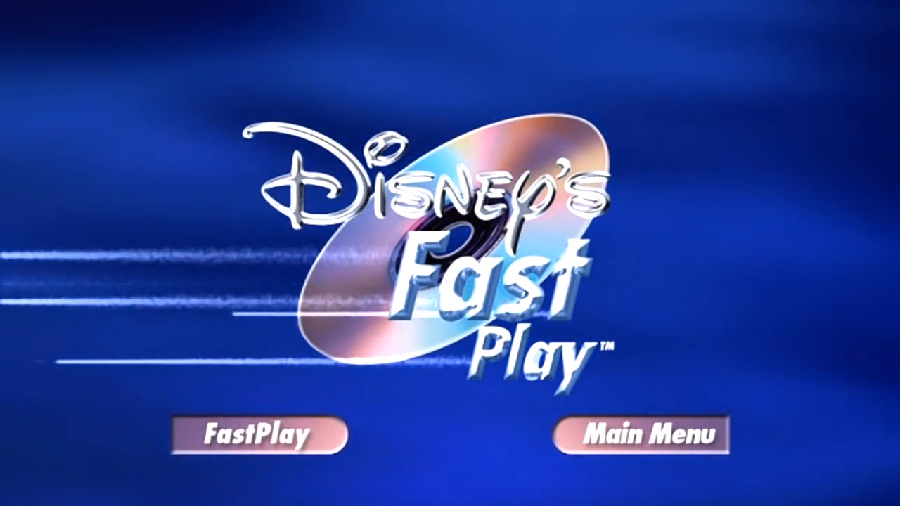 一张 DVD,蓝色背景上写着 'Disney's FastPlay' 的标志。底部有两个按钮,一个写着 'FastPlay',另一个写着 'Main Menu'。