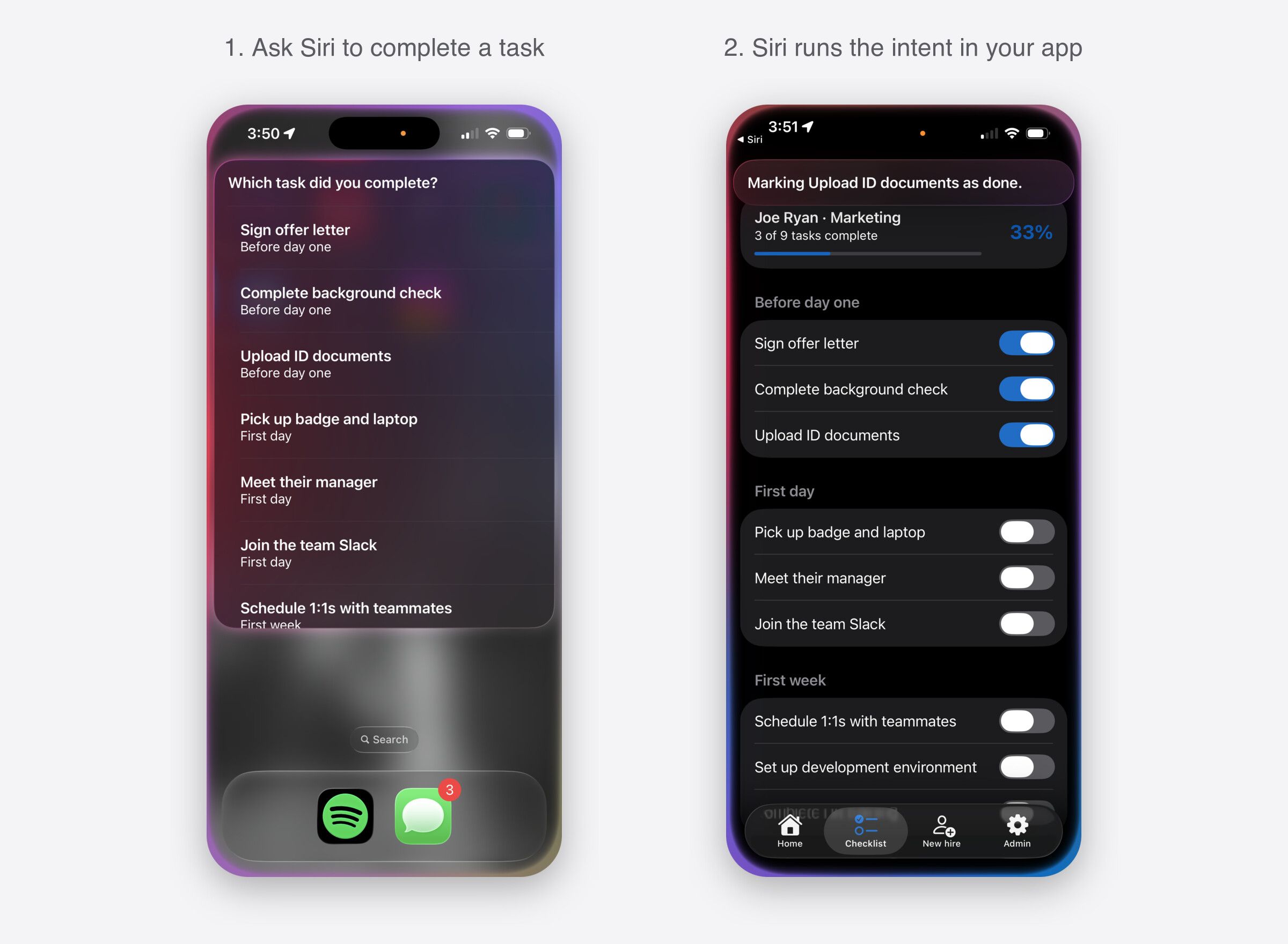 iPhoneのスクリーンショットが2枚。左側ではSiriが「Which task did you complete?」と尋ね、アプリ内のオンボーディングタスク（「Sign offer letter」「Upload ID documents」など）を一覧表示している。右側ではSiriがアプリのリストの上に「Marking Upload ID documents as done」と表示し、そのタスクにはチェックが入っている。