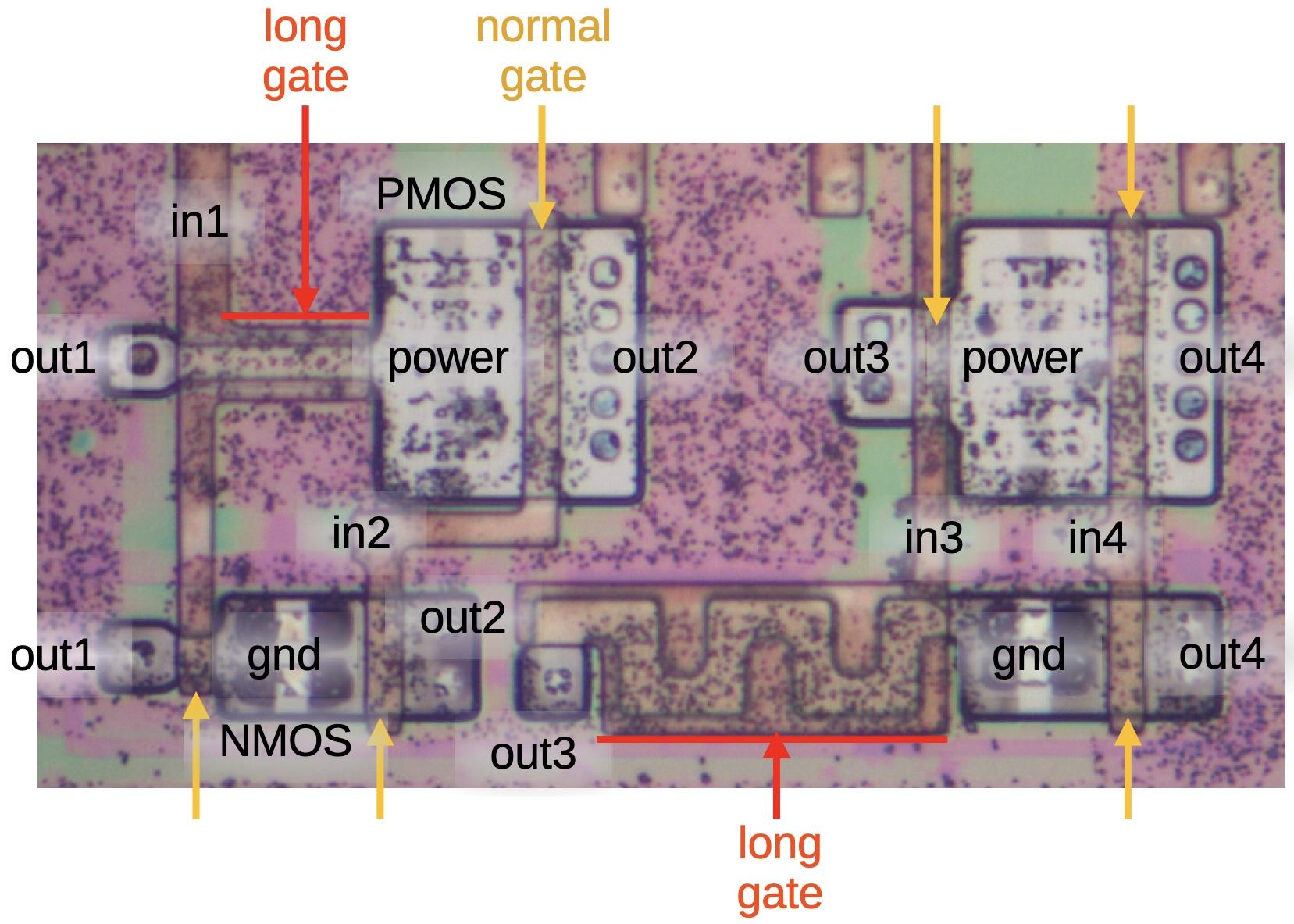 The four inverters that handle the ternary input. I flipped the image to make the orientation better.