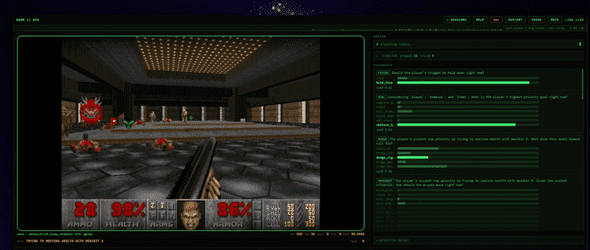Qwen 模型玩 Doom 的截图：屏幕上显示游戏画面与模型在每一步选择的动作，用于说明 System One 模型能在低延迟下实时做决策