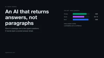 深色底封面,左侧写着「An AI that returns answers, not paragraphs」,右侧是三张 mini 答题卡,分别标注 Choice 0.82、Score 3.4/5、Noul 0.93