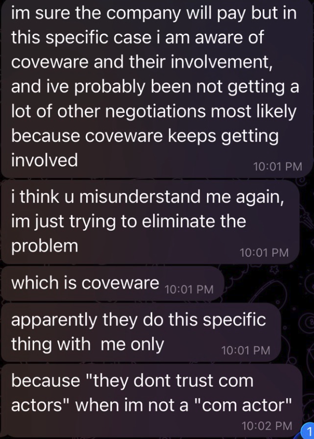 来自 ShinyHunters 操作员的 Telegram 消息：他们猜测该公司会付款，但表示 Coveware 不断介入，谈判不再由他们进行。