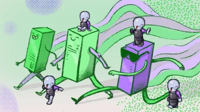 插画:一只猫从纸箱里探出身子,旁边是叠起来的容器
