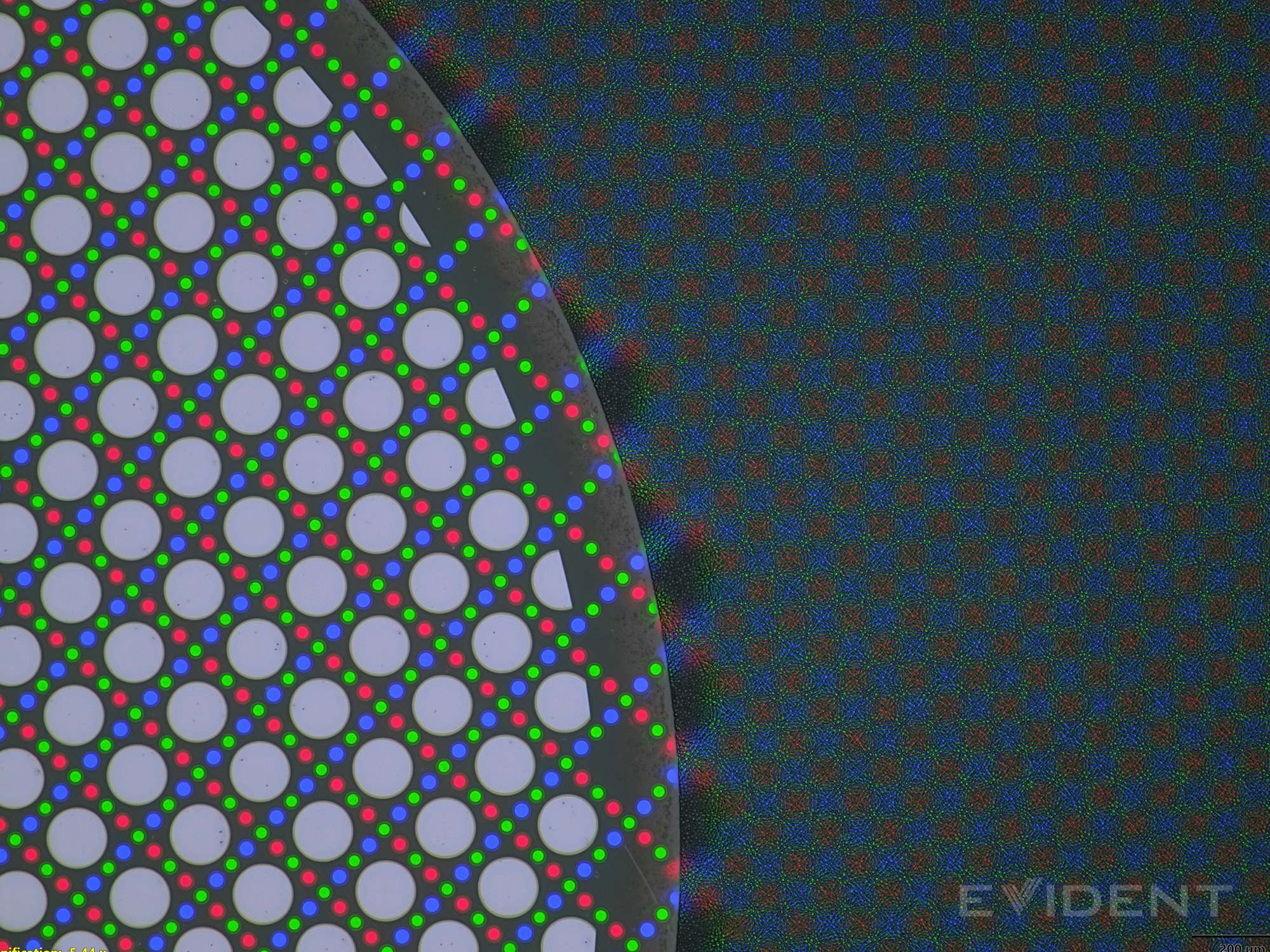 纳米纹理与摄像头开孔，白色圆圈是屏下摄像头透视孔