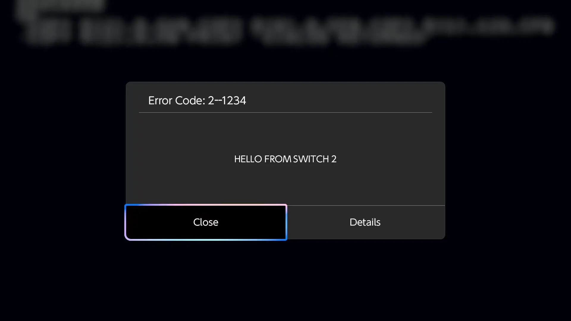 显示“HELLO FROM SWITCH 2”的错误对话框
