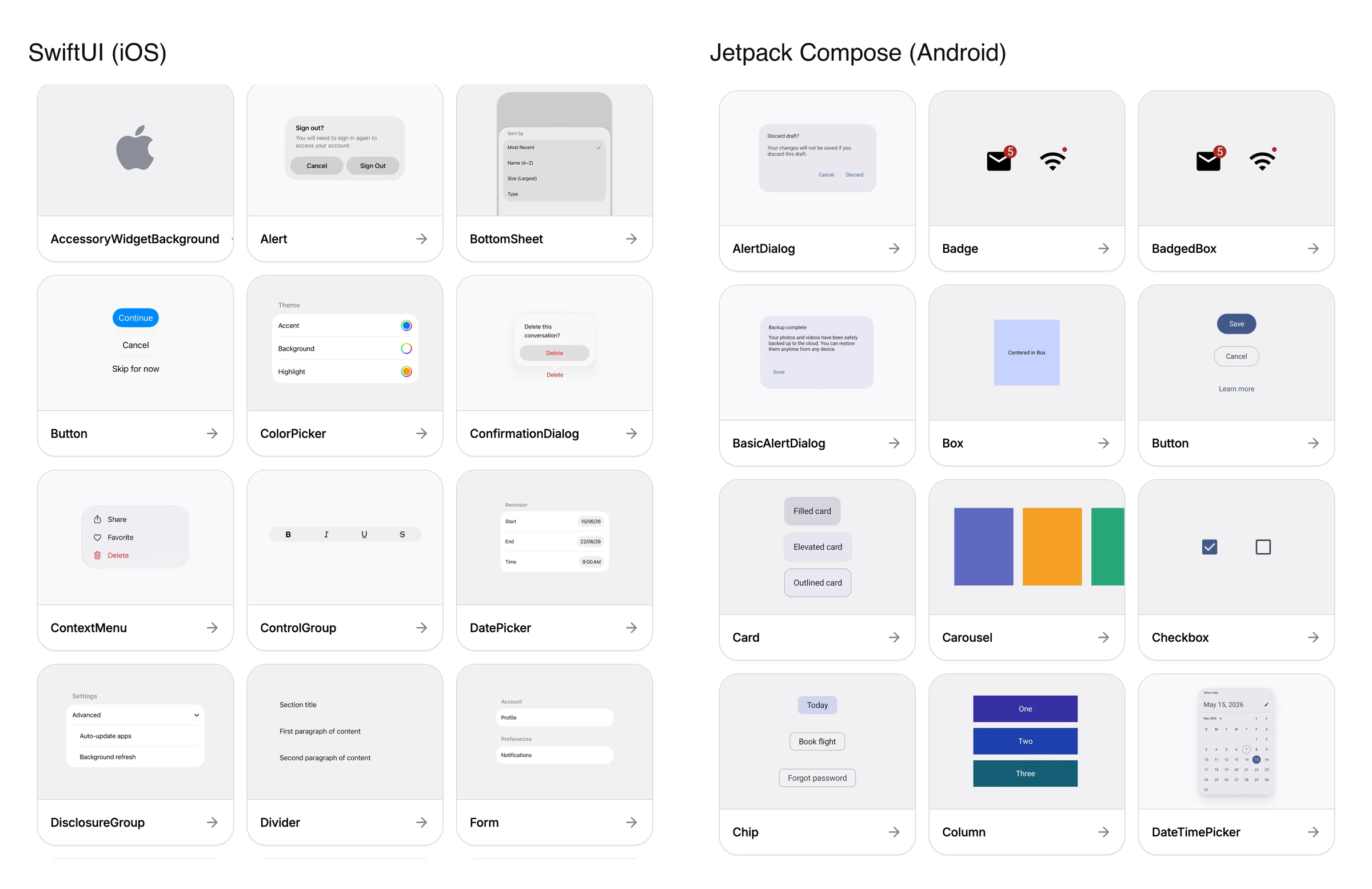 ドキュメントに並べて表示された Expo UI コンポーネントのプレビューグリッド。左が iOS の SwiftUI コンポーネント、右が Android の Jetpack Compose コンポーネント。