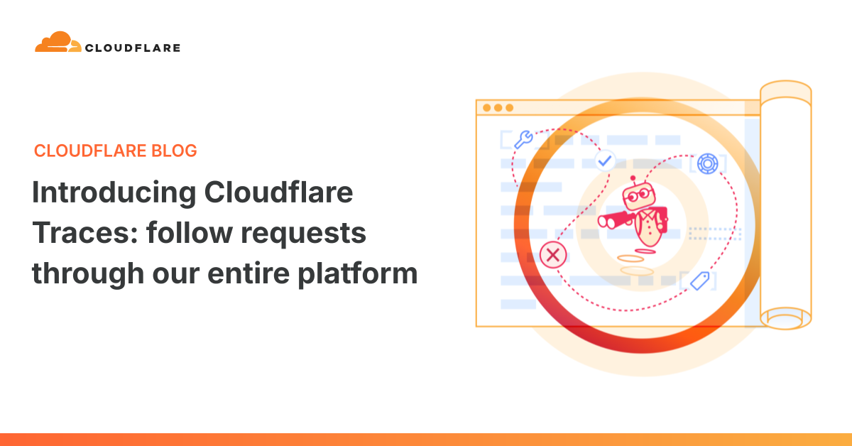 Cloudflare 官方题图:左侧是文章标题,右侧是橙色放大镜里一个正用望远镜观察的机器人,背景是浏览器窗口与图标