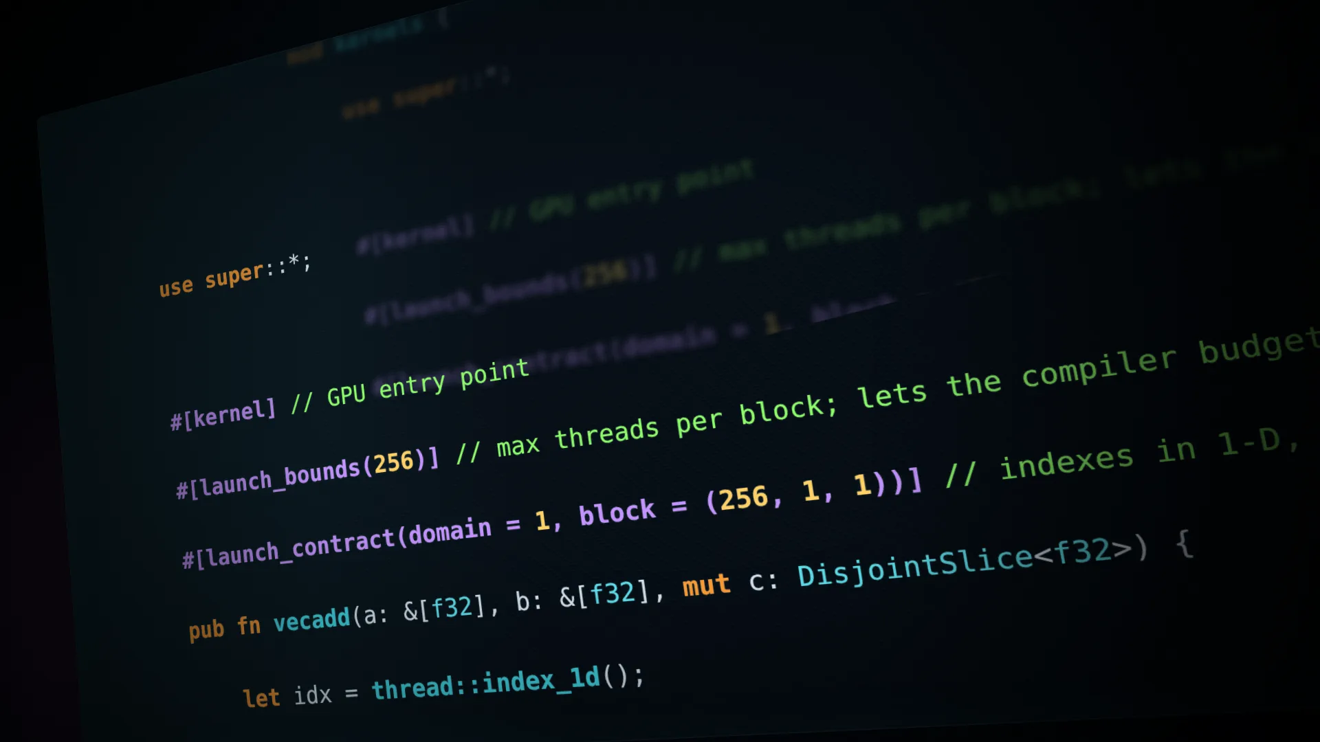 深色终端里放大的 Rust kernel 代码截图，展示