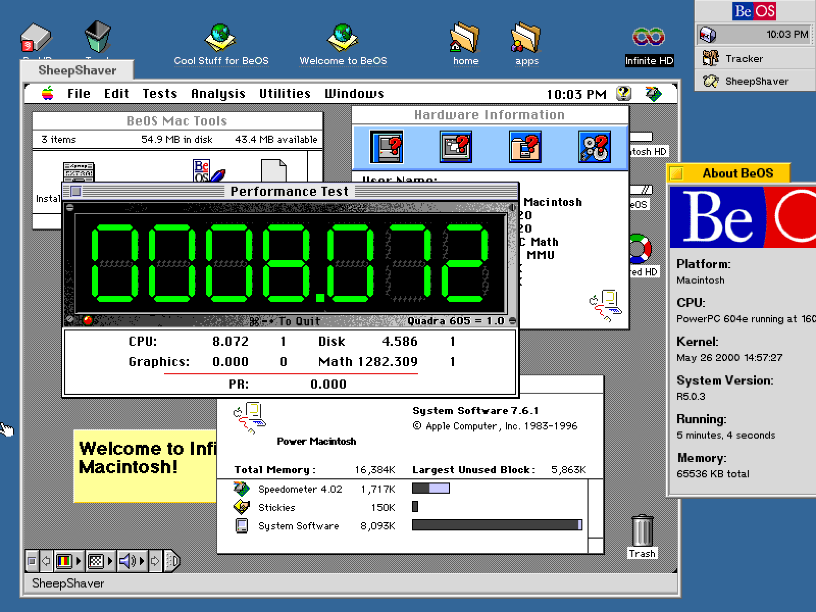Infinite Mac 里跑着 BeOS R5,BeOS 里再模拟 System 7.6.1 跑 Speedometer