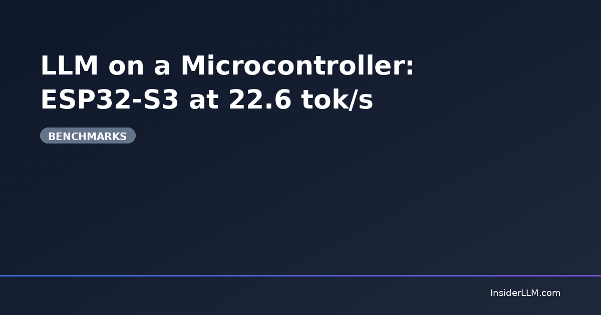 深蓝底色的题图，背景是细点阵；白色大字写着 LLM on a Microcontroller: ESP32-S3 at 22.6 tok/s，下面一枚灰色圆角标签写 BENCHMARKS，底边一条蓝到紫的渐细线，右下角是 InsiderLLM.com
