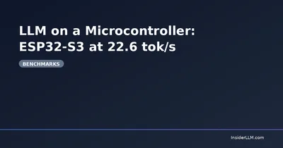 深蓝底色的题图，背景是细点阵；白色大字写着 LLM on a Microcontroller: ESP32-S3 at 22.6 tok/s，下面一枚灰色圆角标签写 BENCHMARKS，底边一条蓝到紫的渐细线，右下角是 InsiderLLM.com