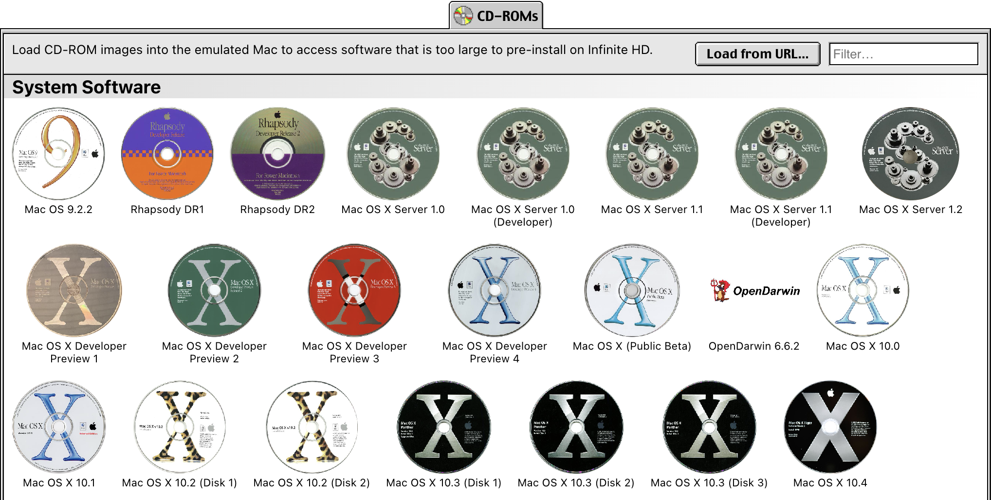 Infinite Mac 的 CD-ROM 抽屉,列着大量系统光盘