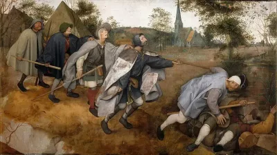 老彼得·勃鲁盖尔的油画《盲人引盲》（1568）：一列拄着拐杖的盲人互相搭着往前走，领头的一个已经跌进沟里