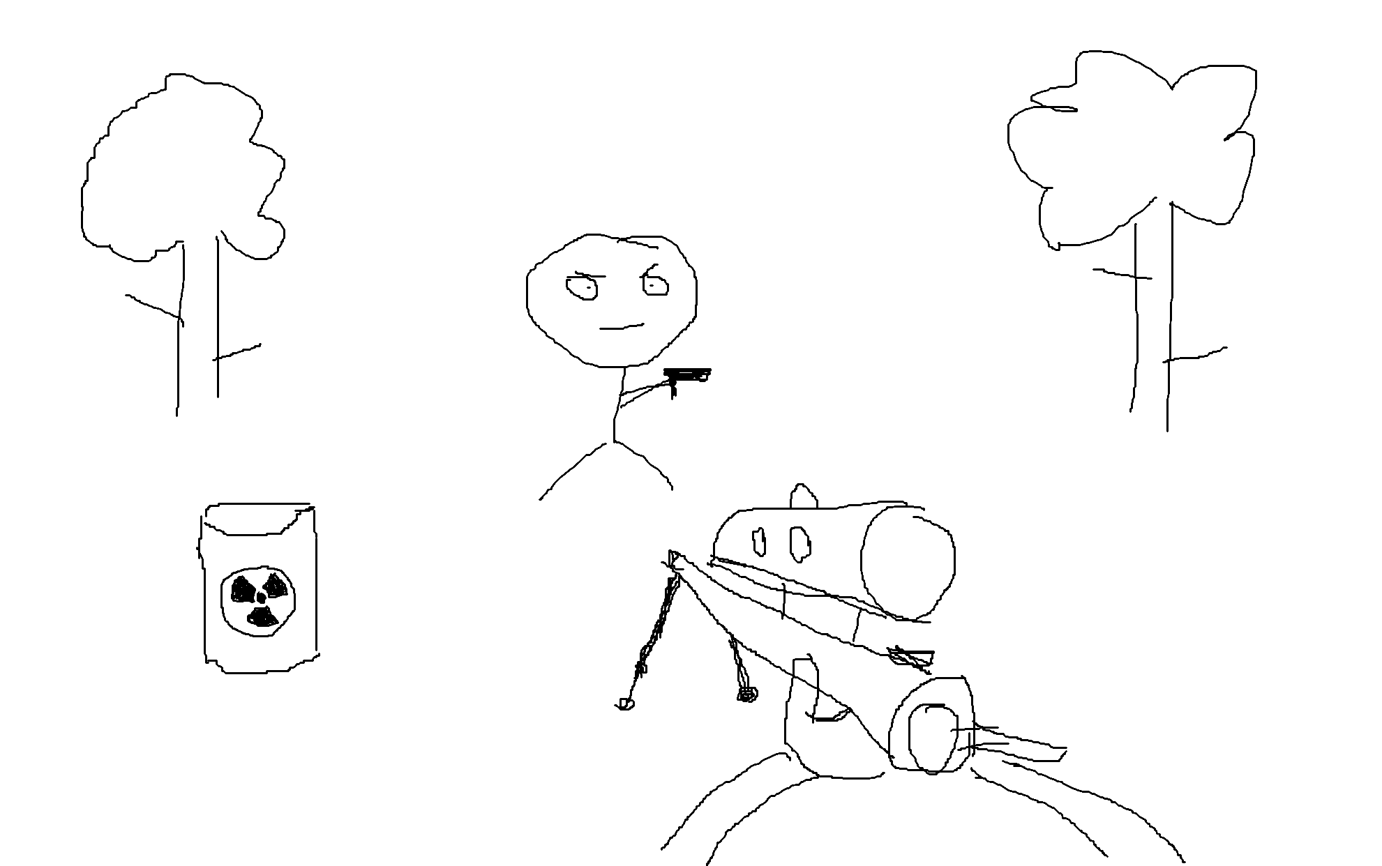 一幅手绘的简陋 FPS 场景，火柴人端着枪站在中间，左下角是个画着辐射标志的桶，右下角有一门小炮，两边各一棵树