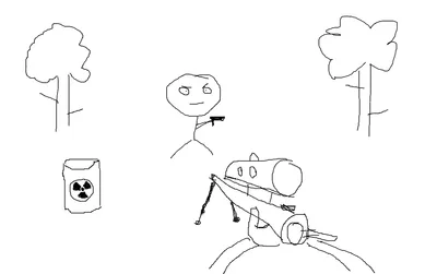 一幅手绘的简陋 FPS 场景,火柴人端着枪站在中间,左下角是个画着辐射标志的桶,右下角有一门小炮,两边各一棵树