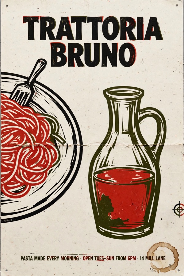 为 Trattoria Bruno 设计的丝网印刷风格海报,配有意大利面和葡萄酒瓶的油毡版画