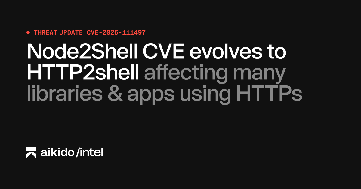 黑底卡片,左上角红点标注 THREAT UPDATE CVE-2026-111497,往下是白与灰相间的标题文字「Node2Shell CVE evolves to HTTP2Shell affecting many libraries & apps using HTTPs」,左下角是 aikido /intel 标识