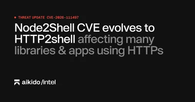 黑底卡片，左上角红点标注 THREAT UPDATE CVE-2026-111497，往下是白与灰相间的标题文字「Node2Shell CVE evolves to HTTP2Shell affecting many libraries & apps using HTTPs」，左下角是 aikido /intel 标识