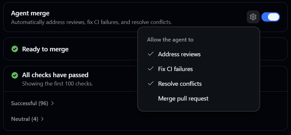 GitHub Copilot 应用的 Agent Merge 面板，跟踪评审反馈、CI、冲突和合并就绪状态。