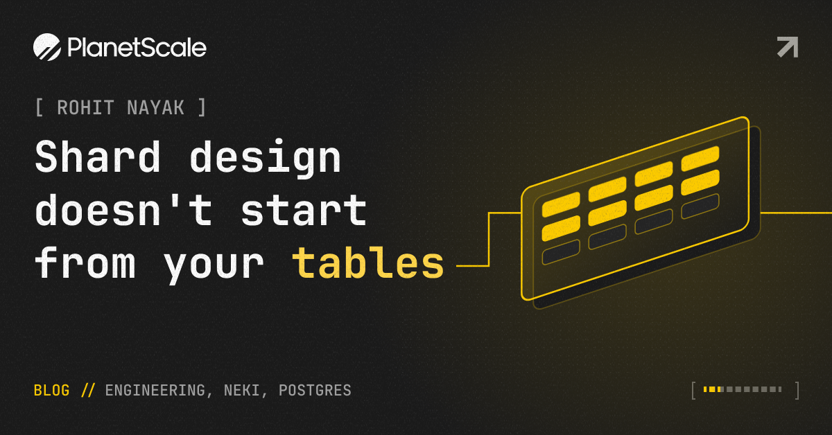 深色卡片,左侧是 PlanetScale 的标志与作者名,中间白字标题「Shard design doesn't start from your tables」,其中 tables 一词是黄色,右侧一个黄色线条画的服务器机架插画