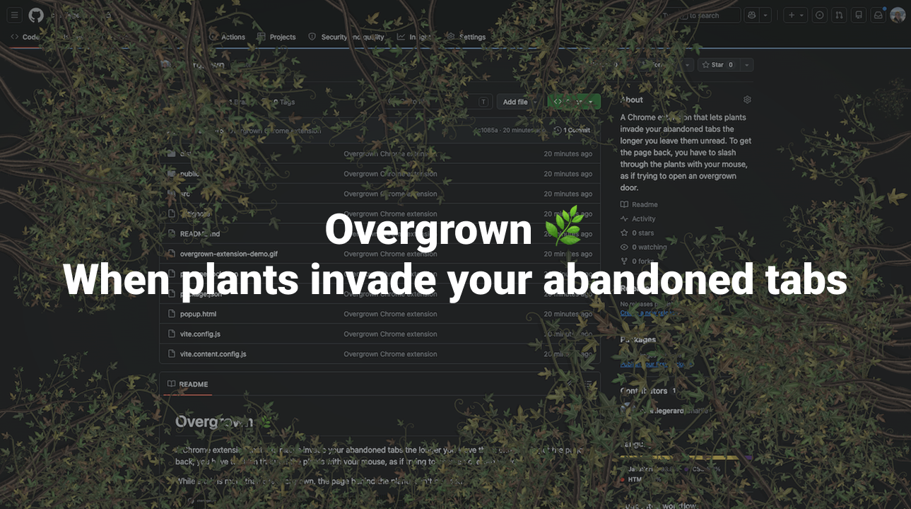 深色的藤蔓与叶片从两侧爬满一个 GitHub 页面,中间压着白色大字 Overgrown 与副标题 When plants invade your abandoned tabs