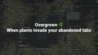 深色的藤蔓与叶片从两侧爬满一个 GitHub 页面，中间压着白色大字 Overgrown 与副标题 When plants invade your abandoned tabs