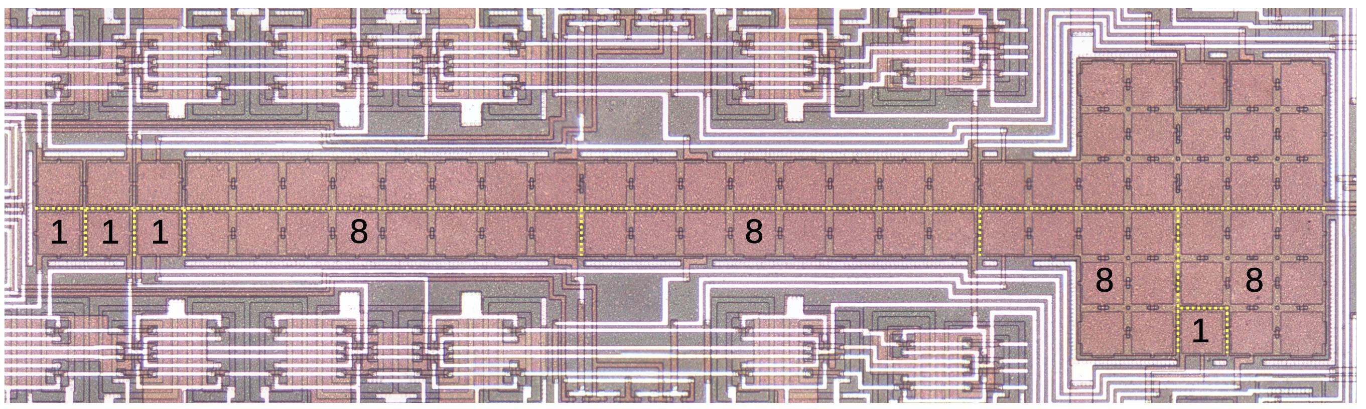 MF10 的电容器阵列。我加了黄线来标出电容器的分组方式。开关位于电容器上方和下方。