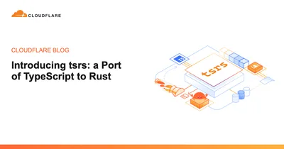 题图：Cloudflare 博客的标题卡，大字写着 Introducing tsrs: a Port of TypeScript to Rust，右侧是 TypeScript 盾牌、Rust 齿轮和层层平台拼成的等距插画，底部一条橙边