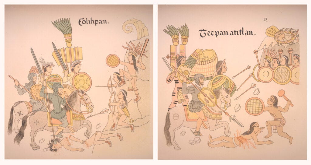 两幅殖民时期的插图,标题为 Colhpan 和 Teecpan atitlan,描绘西班牙骑兵与阿兹特克战士交战