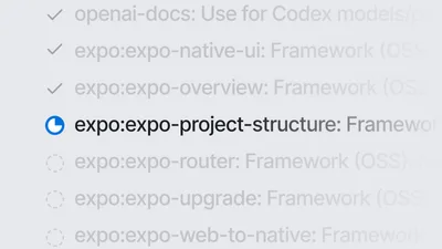 一张技能清单的截图：几行 expo 开头的 skill 条目，前面几行带对勾，expo-project-structure 那一行被加粗放大并配着转动的加载圈
