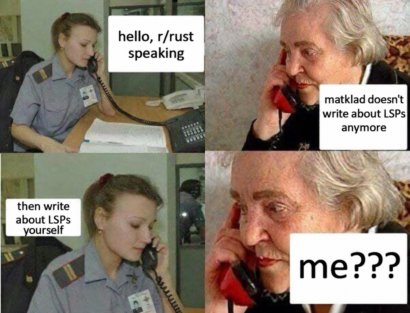 开场 meme:“hello, r/rust speaking”——“matklad 不再写 LSP 的文章了”——“那你自己写啊”——“我???”