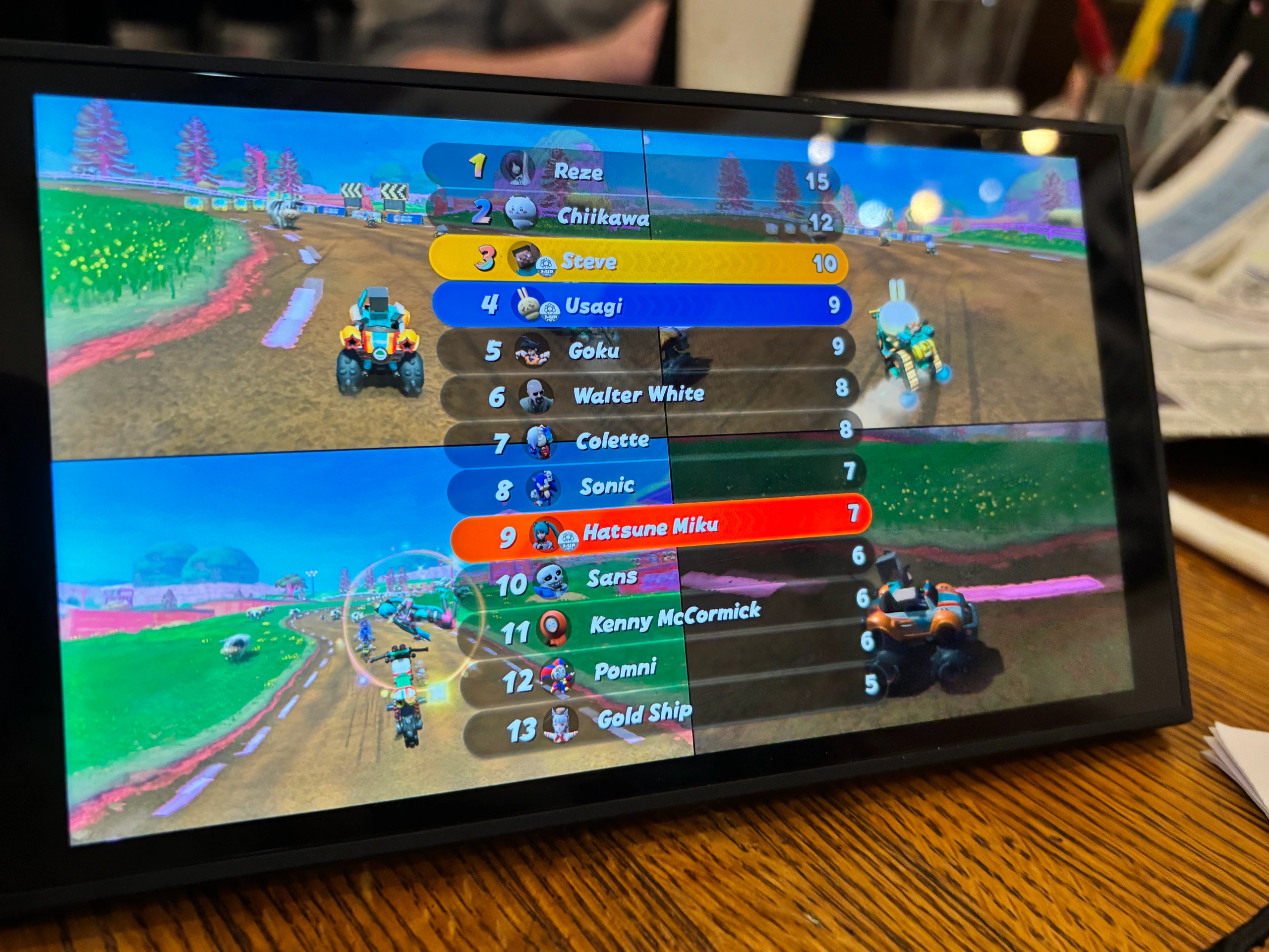Mario Kart World 的结算画面，名单里有 Steve、Walter White、Hatsune Miku 等自定义角色